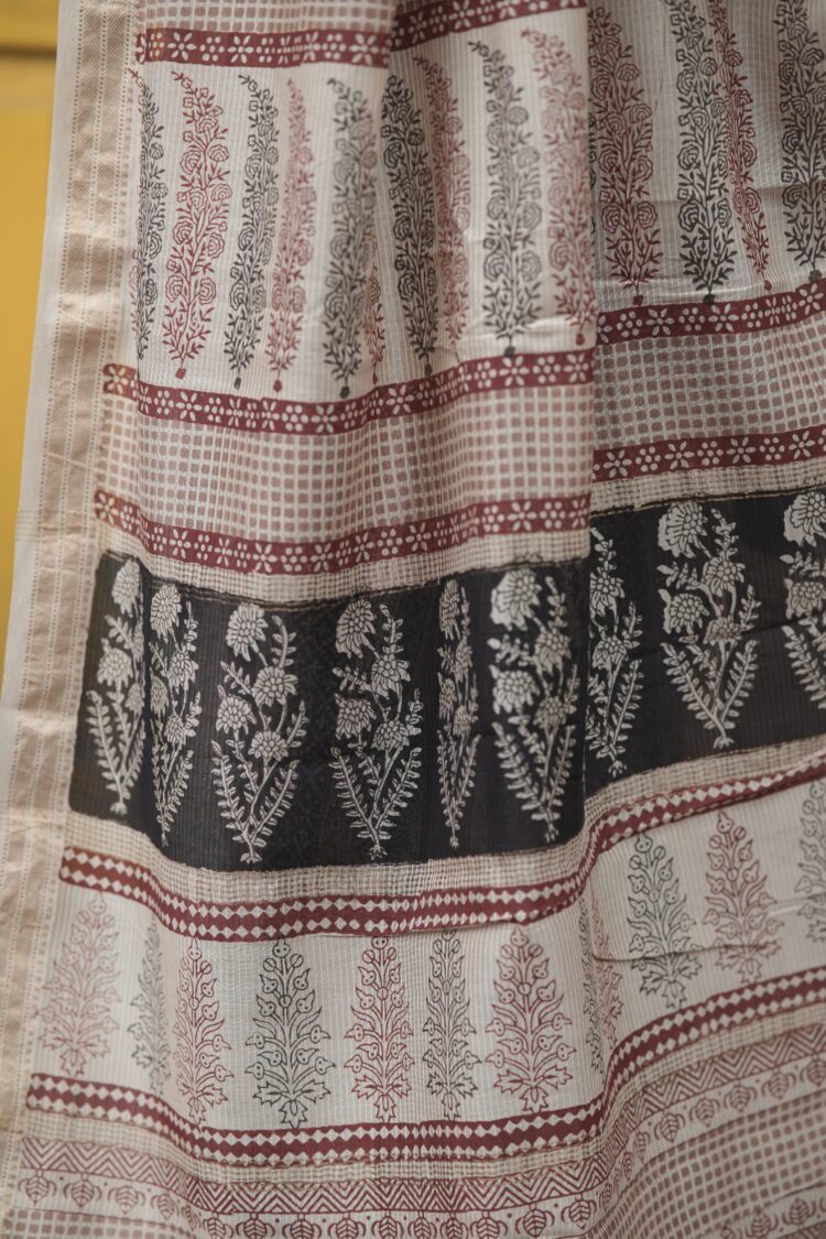 Grey with Maroon stipe Maheshwari saree with traditional Bagh hand block print