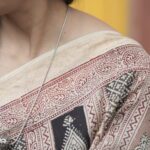 Grey with Maroon stipe Maheshwari saree with traditional Bagh hand block print