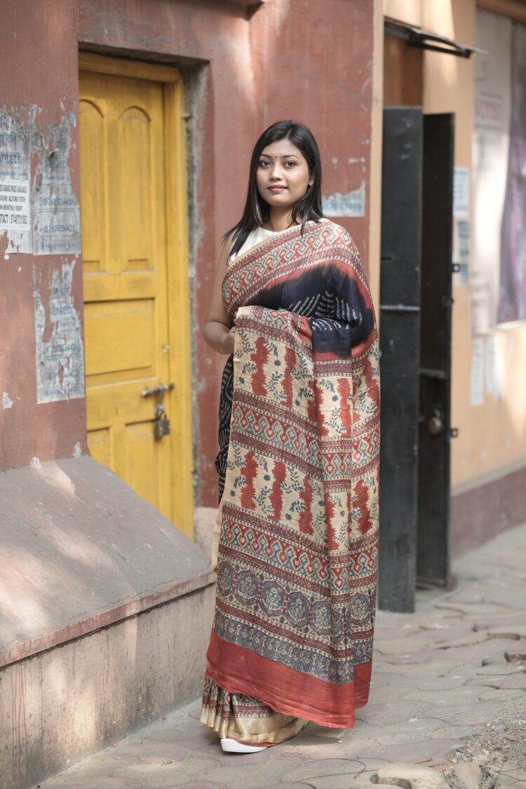 Midnight blue Bandhej Ajrakh mulberry silk saree with traditional hand block print