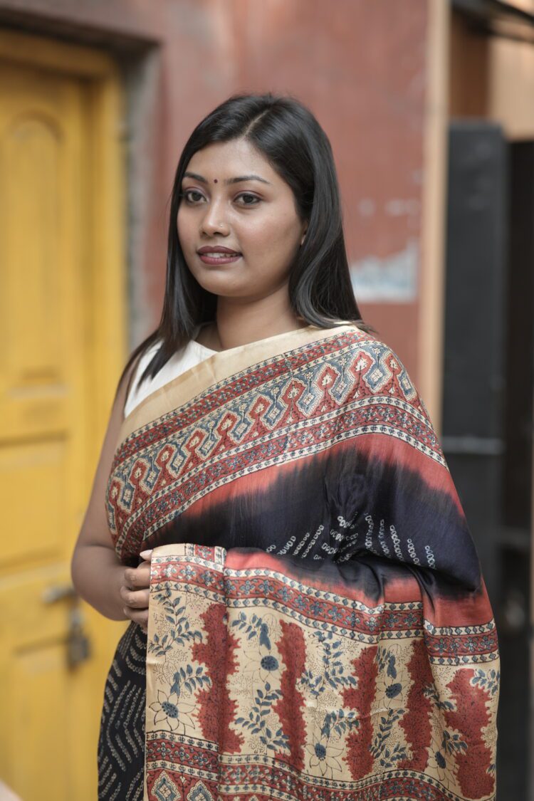 Handcrafted Bandhej Ajrakh silk saree in midnight blue with rich detailing