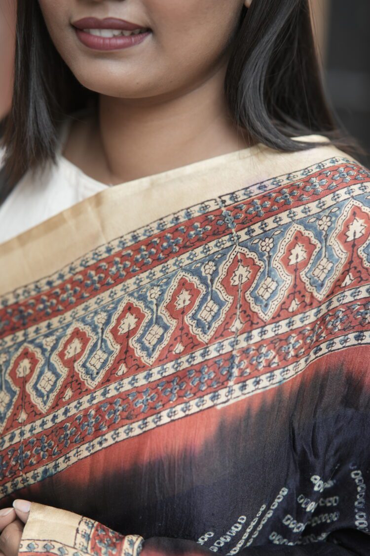 Handcrafted Bandhej Ajrakh silk saree in midnight blue with rich detailing