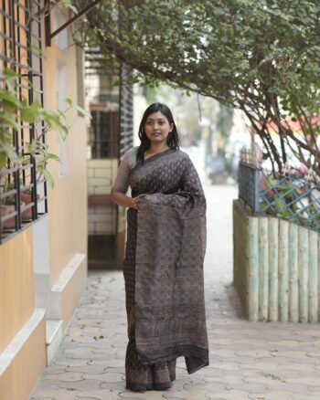 Charcoal Black Tasar Ajrakh Saree