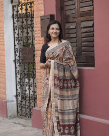 Yellow Maroon Maheswari Bagh Hand Block Printed Saree