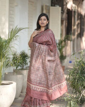 Maroon Tasar Ajrakh Saree
