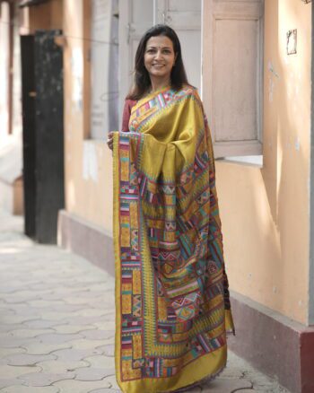 Chrome yellow saree with multicolour geometric hand Kantha embroidery
