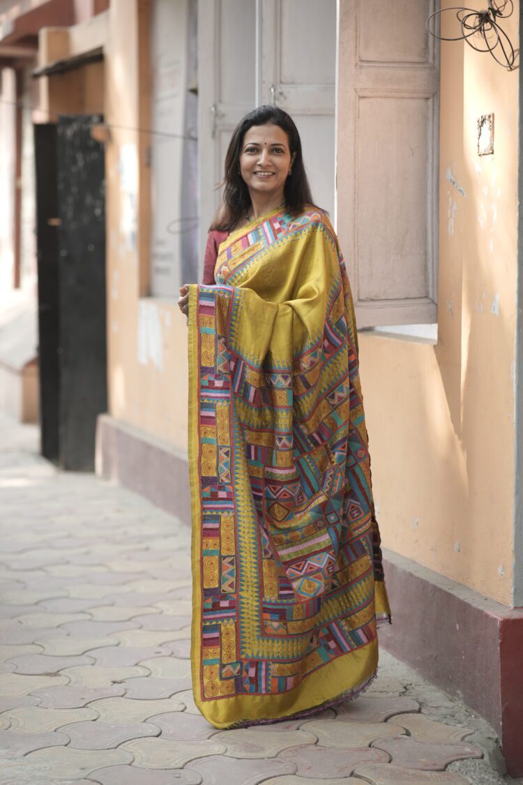 Chrome yellow saree with multicolour geometric hand Kantha embroidery