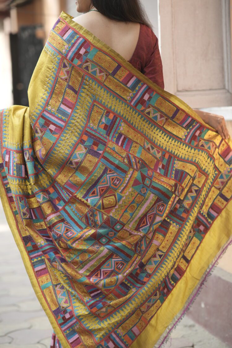 Handcrafted Kantha embroidered saree with bold geometric patterns in chrome yellow