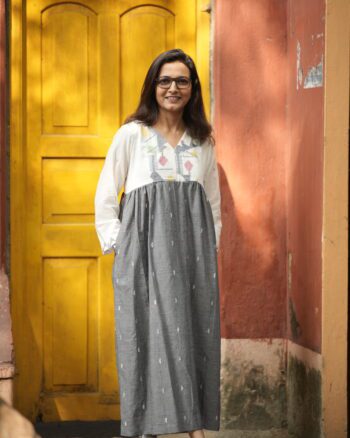 White And Grey Border Jamdani Dress