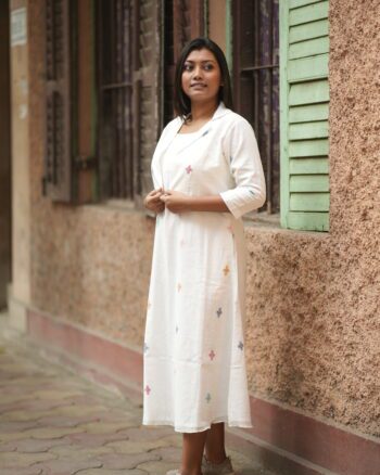 White floral Jamdani Dress with jacket