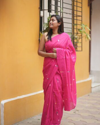 Fuchsia Pink Jamdani Saree with Golden Floral Buta