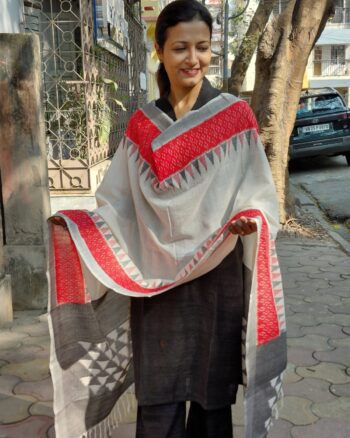 Ikat White Red Grey Dupatta with tussle