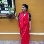 Red cotton Jamdani saree with small buta handwoven motifs