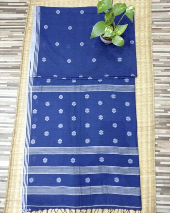 Blue cotton Jamdani saree with floral buta
