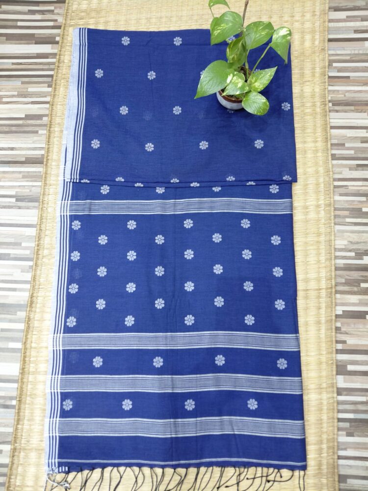 Blue cotton Jamdani saree with floral buta