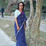 Blue cotton Jamdani saree with floral buta handwoven motifs