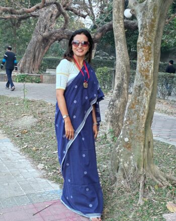 Blue cotton Jamdani saree with floral buta handwoven motifs