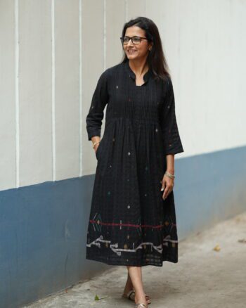 lack Jamdani handwoven cotton dress with delicate traditional woven motif