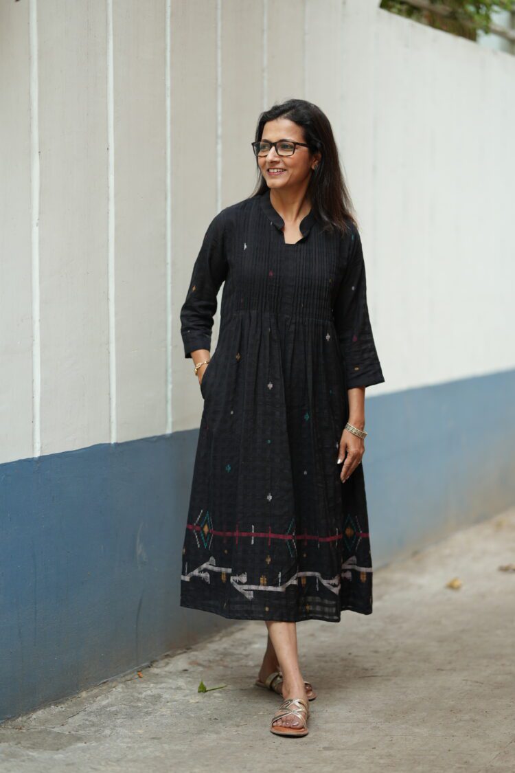 lack Jamdani handwoven cotton dress with delicate traditional woven motif