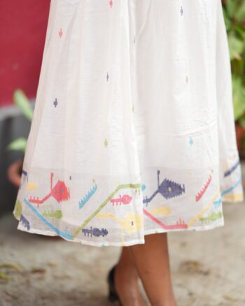 White Jamdani handwoven cotton dress with delicate traditional woven motifs