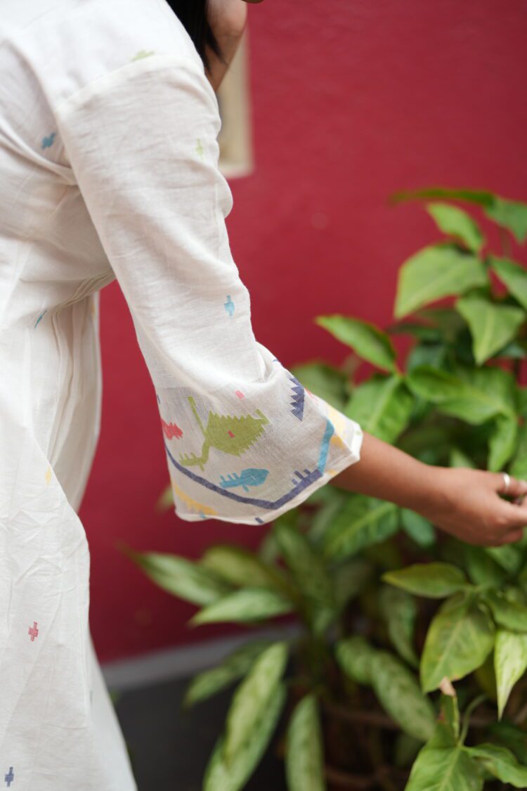 White Jamdani handwoven cotton dress with delicate traditional woven motifs